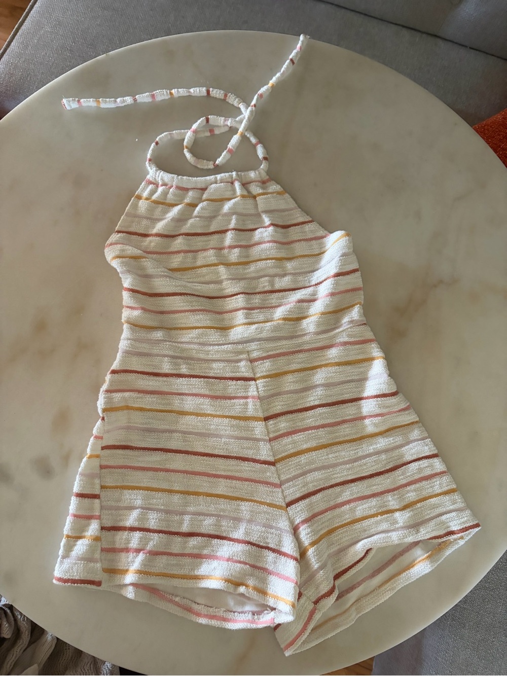 Forever 21 Cream Halter Romper with Pink & Yellow Stripes